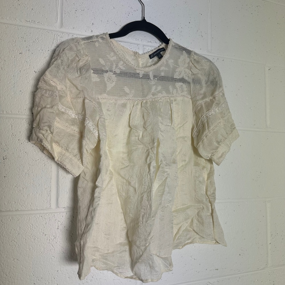 Adrianna Papell Cream Crochet Lace Yoke Puff Sleeve Blouse Ivory Top Small